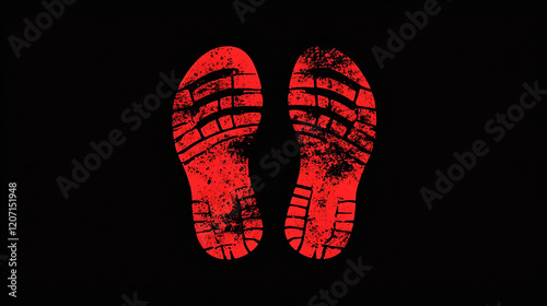 Red shoe prints illustration on a black background. 