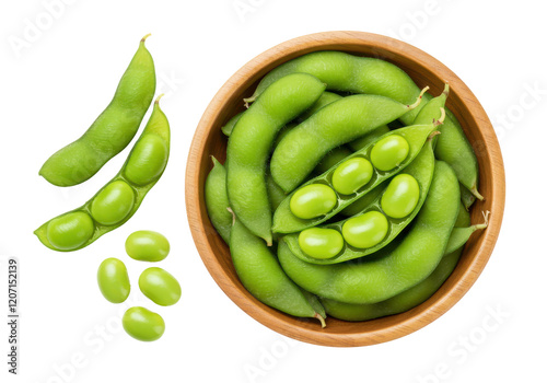 A wooden bowl filled with fresh green edamame beans, accompanied by a pod and a few loose beans, isolated on a white background photo