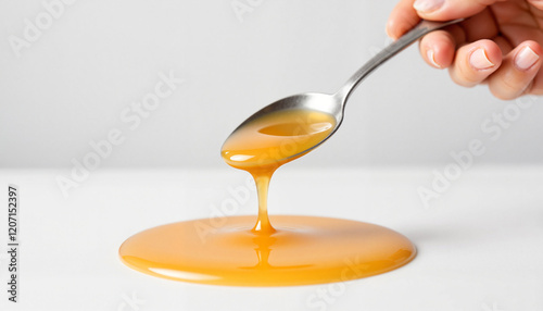 Hand holding spoon with syrupy liquid on white background, texture focus