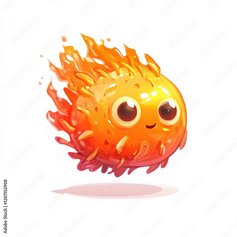 Fototapeta premium Cute fiery creature, orange, smiling, flames