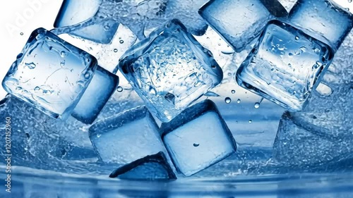 Three ice cubes are in the water. The water is blue