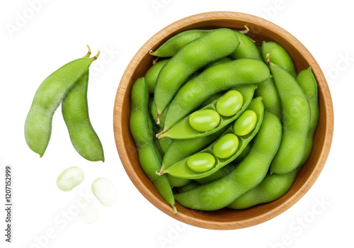 Wallpaper Mural A wooden bowl filled with fresh green edamame beans, accompanied by a pod and a few loose beans, isolated on a white background Torontodigital.ca