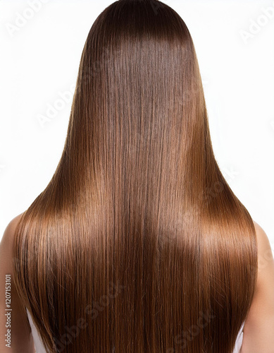 Melena de pelo de mujer castaño suelto, liso y bien peinado sobre fondo blanco
