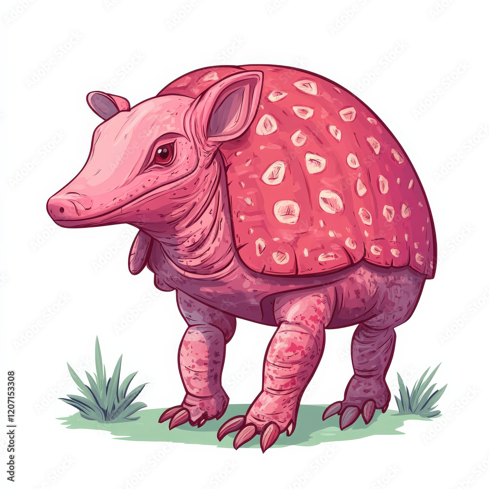 Fototapeta premium Pink Armadillo Illustration: Adorable, spotted creature in grassy setting