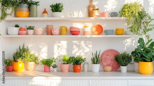 Wallpaper Mural A bright kitchen corner with open shelves displaying colorful pottery and small planters. Torontodigital.ca