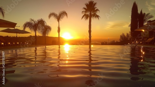 Enchanting travel photography  swimmer s view of an infinity pool at sunset with palm trees photo