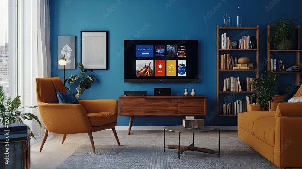 Obraz premium A concept image of subscription streaming services displayed on a TV screen in a living room