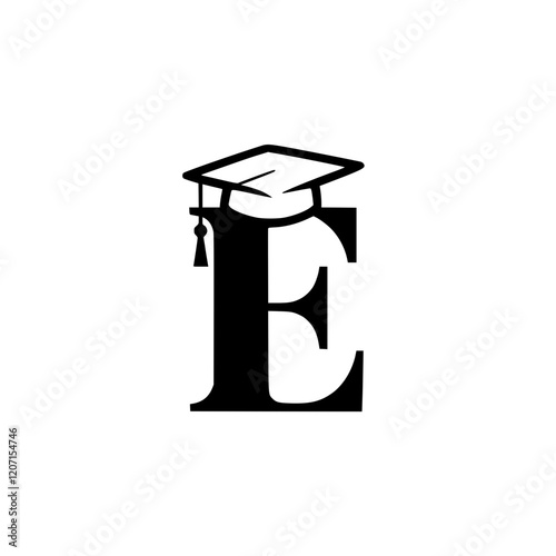 Letter E with graduation cap icon, Black and white graphic of the letter E wearing a graduation cap, symbolizing education, academic achievement, learning, and scholarly success.  
  
