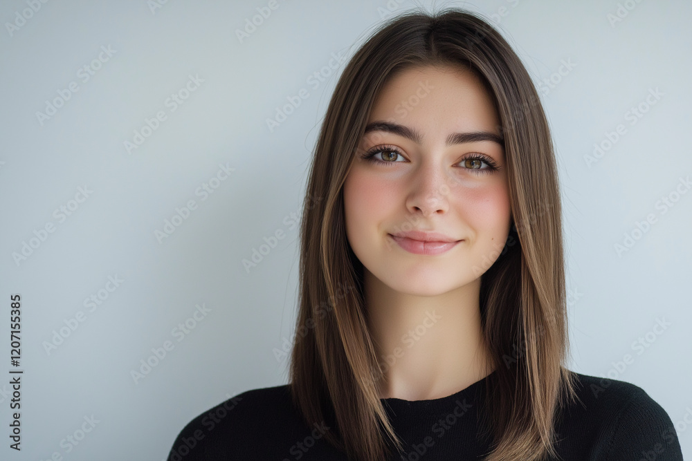Fototapeta premium Young woman with sleek straight hair and soft smile on white background