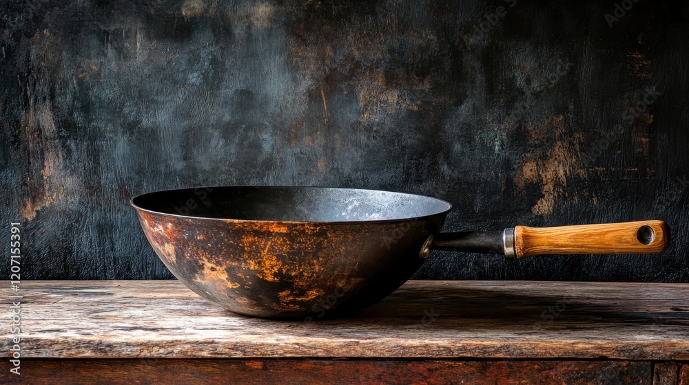 A heavy-duty wok with a wooden handle sitting on a rustic kitchen table. A heavy-duty wok with a wooden handle sitting on a rustic kitchen table.