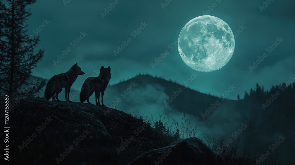 coyotes exploring the foothills of a mountain under the soft glow of moonlight. coyotes exploring the foothills of a mountain under the soft glow of moonlight.