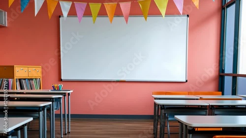 Classroom with a white board and a banner hanging from the ceiling. There are several desks and chairs in the room
