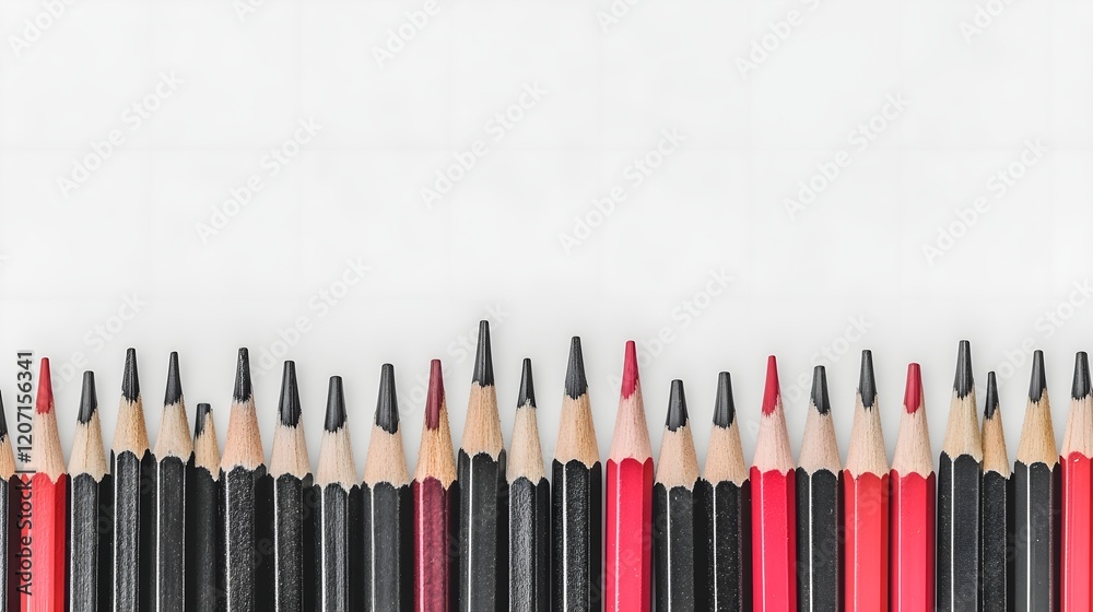 Naklejka premium Red Pencil Standing Out Among Identical Black Pencils on White Desk