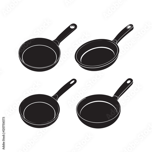 set of frying pan silhouette, black and white silhouette, vector and illustration