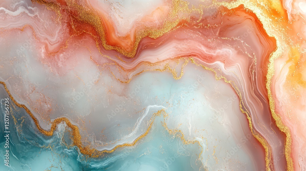 Fototapeta premium Abstract Fluid Art: Teal, Coral, and Gold Swirls