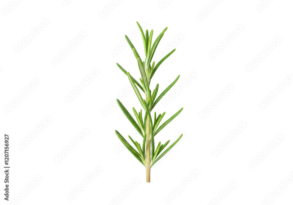 A single fresh sprig of green rosemary with fine needle-like leaves, isolated on a white background A single fresh sprig of green rosemary with fine needle-like leaves, isolated on a white background