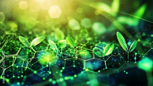 Green leafy plant with a green background. The plant is surrounded by a network of hexagons