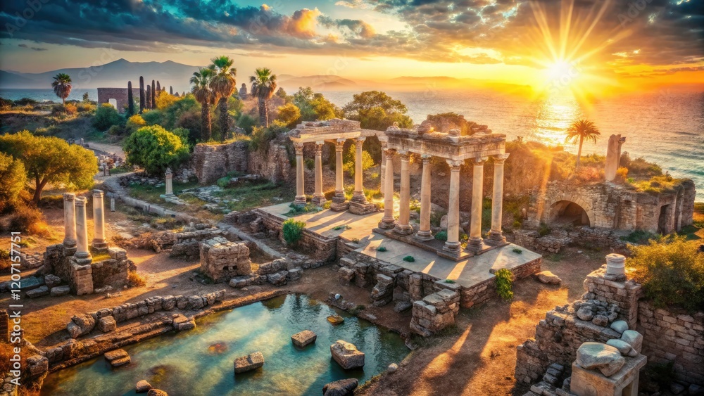 Obraz premium 4K drone footage reveals Antalya's ancient Side: a breathtaking double exposure merging past and present.