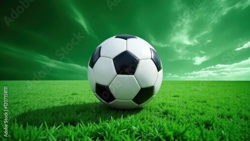 Soccer ball resting on vibrant green field under dramatic sky