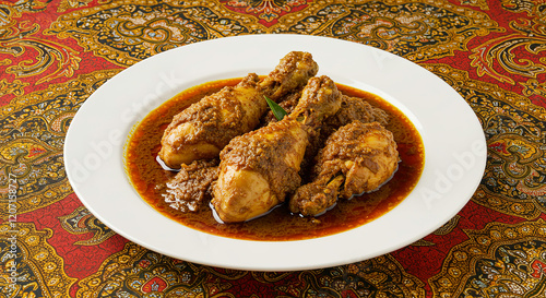 Chicken meat rendang on white plate, and a cozy kain batik at background photo