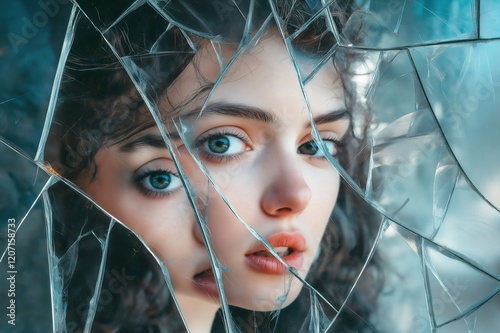 Close up portrait of a young woman with mesmerizing green eyes, her face partially obscured by shattered glass, creating a fragmented and distorted reflection