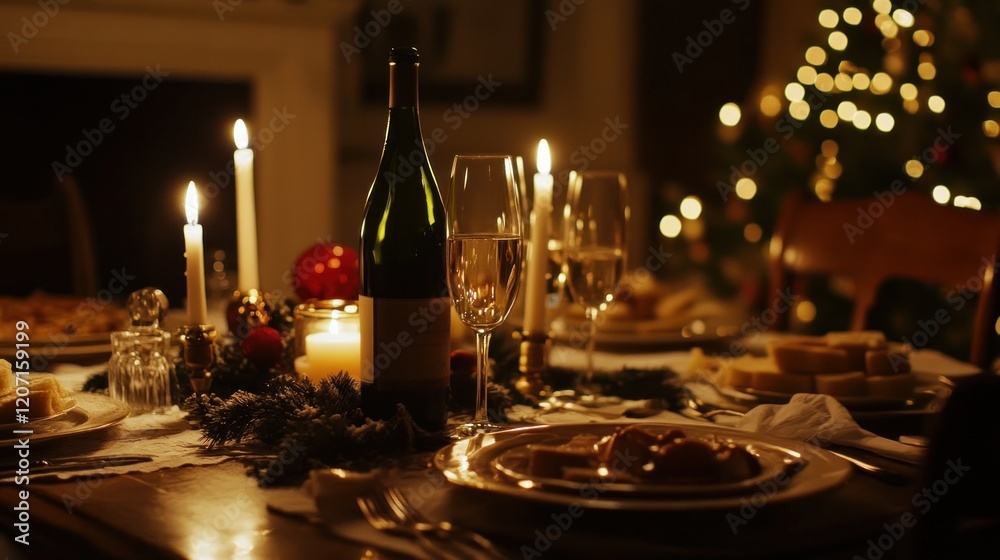 A festive Christmas dinner table with candles and sparkling wine A festive Christmas dinner table with candles and sparkling wine
