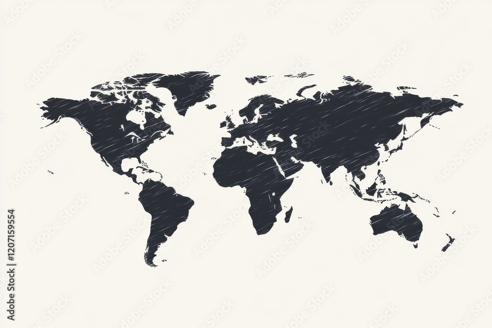 A black and white drawing of the world with the continents of Africa, Europe A black and white drawing of the world with the continents of Africa, Europe