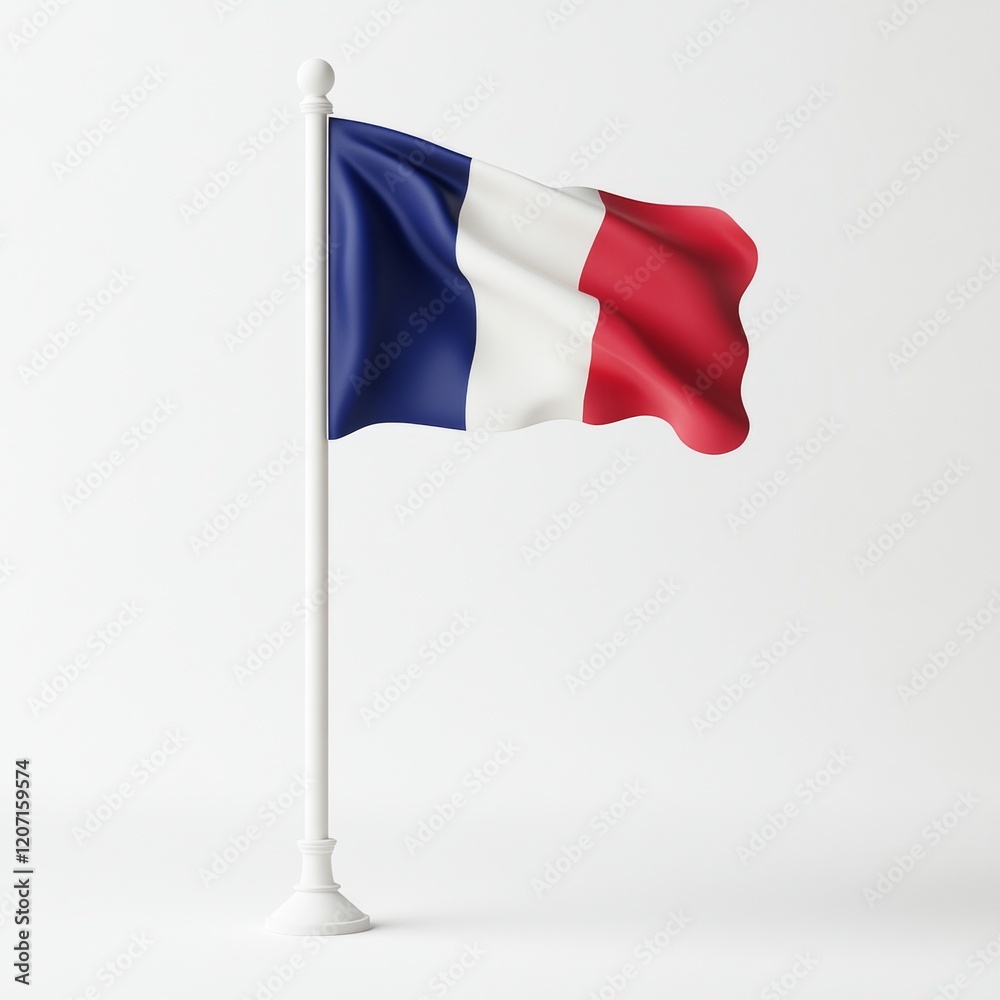 French flag waving on white background with elegant pole simple design minimalistic illustration French flag waving on white background with elegant pole simple design minimalistic illustration