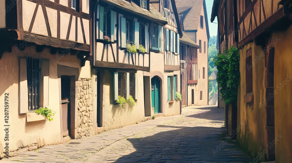 Obraz premium Charming Old European Street Cobblestone Alleyway Houses Sunny Day