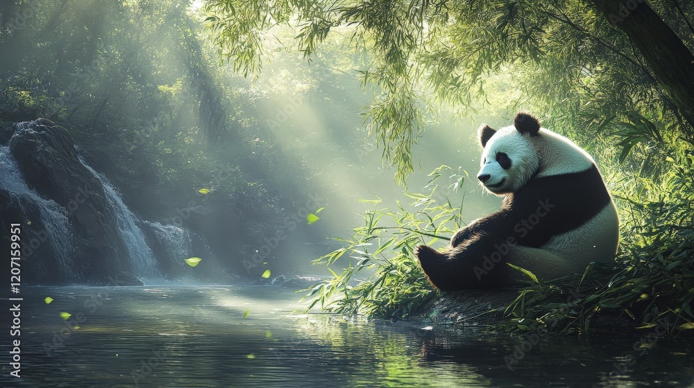 panda sitting near a river in the forest, gently nibbling on bamboo while observing the world around it, with soft ripples in the water panda sitting near a river in the forest, gently nibbling on bamboo while observing the world around it, with soft ripples in the water