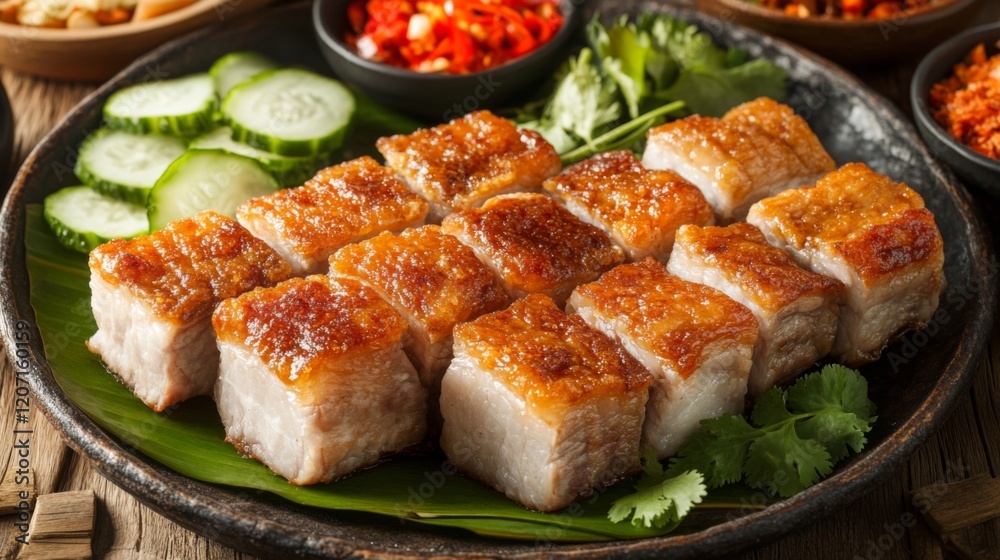 A captivating view of a close-up plate of crispy pork belly, surrounded by vibrant side dishes like pickled vegetables and fresh herbs, showcasing a Thai feast A captivating view of a close-up plate of crispy pork belly, surrounded by vibrant side dishes like pickled vegetables and fresh herbs, showcasing a Thai feast