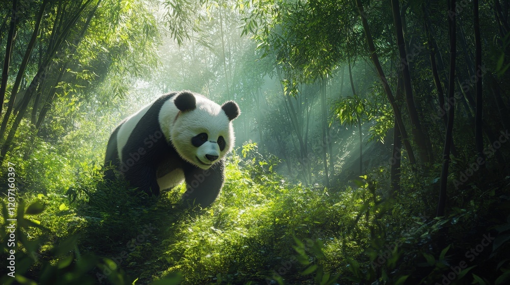 panda walking through a dense bamboo forest, the sunlight filtering through the leaves and casting dappled shadows on the forest floor panda walking through a dense bamboo forest, the sunlight filtering through the leaves and casting dappled shadows on the forest floor