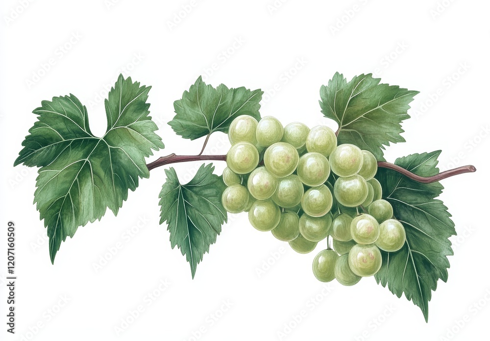 Green grapes on vine with leaves isolated on white background. Green grapes on vine with leaves isolated on white background.