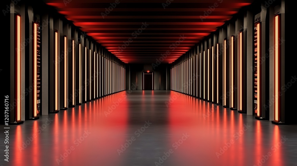 Red-lit corridor, futuristic architecture, dark background, potential use Sci-fi film backdrop Red-lit corridor, futuristic architecture, dark background, potential use Sci-fi film backdrop