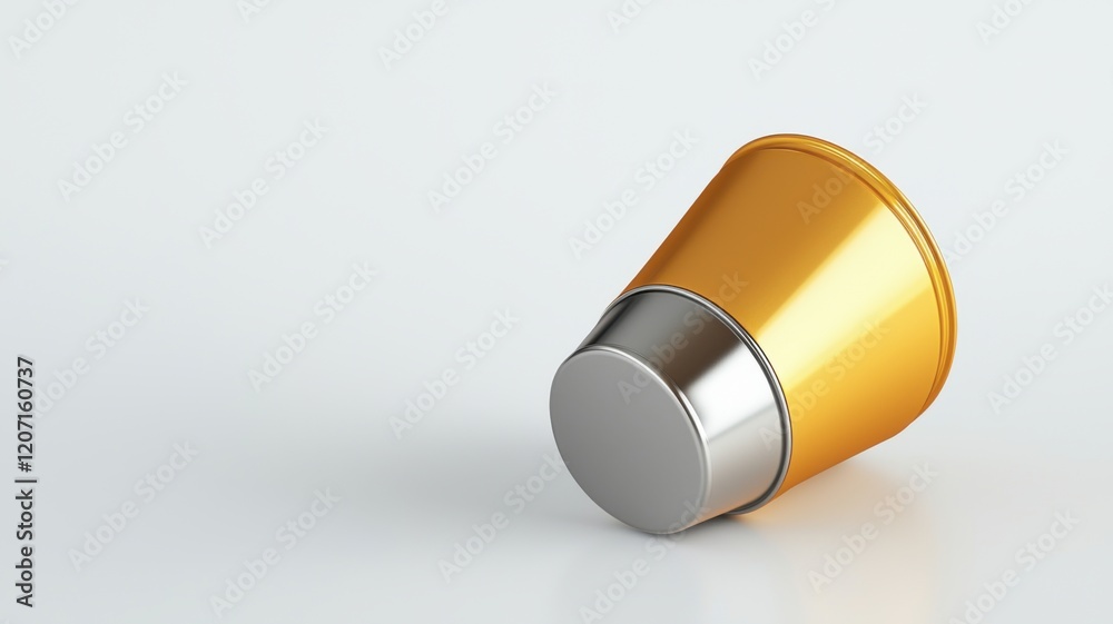 A metallic, golden coffee capsule lies on a light surface, showcasing its sleek design and modern aesthetic. A metallic, golden coffee capsule lies on a light surface, showcasing its sleek design and modern aesthetic.