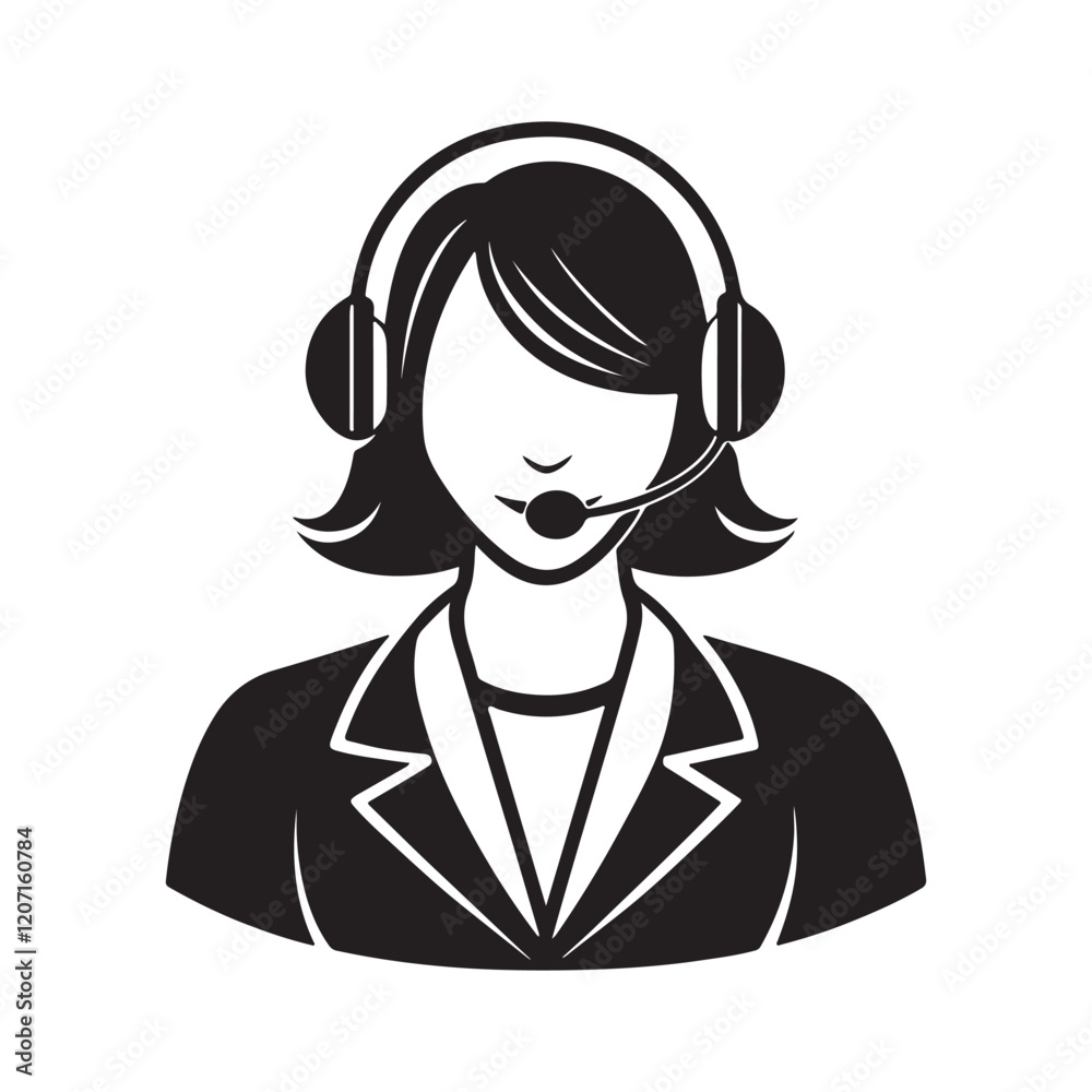 Call center operator woman silhouette, black and white silhouette, vector and illustration Call center operator woman silhouette, black and white silhouette, vector and illustration