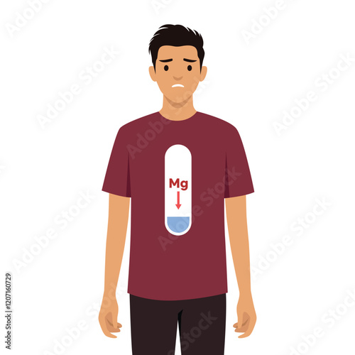 Concerned man wearing tshirt symbolizing low magnesium levels or Mg displayed on it. Flat vector illustration isolated on white background