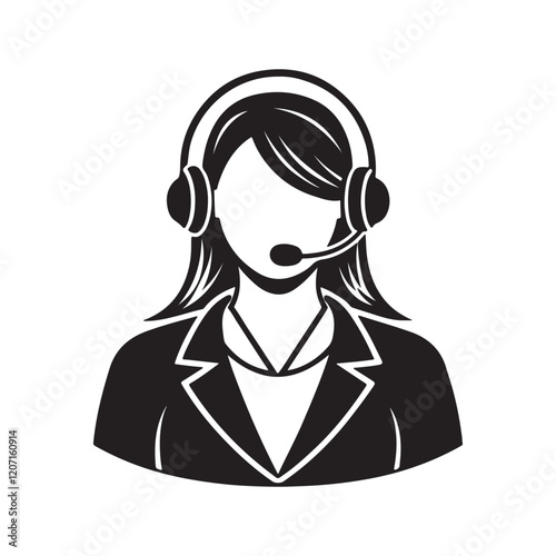 Call center operator woman silhouette, black and white silhouette, vector and illustration