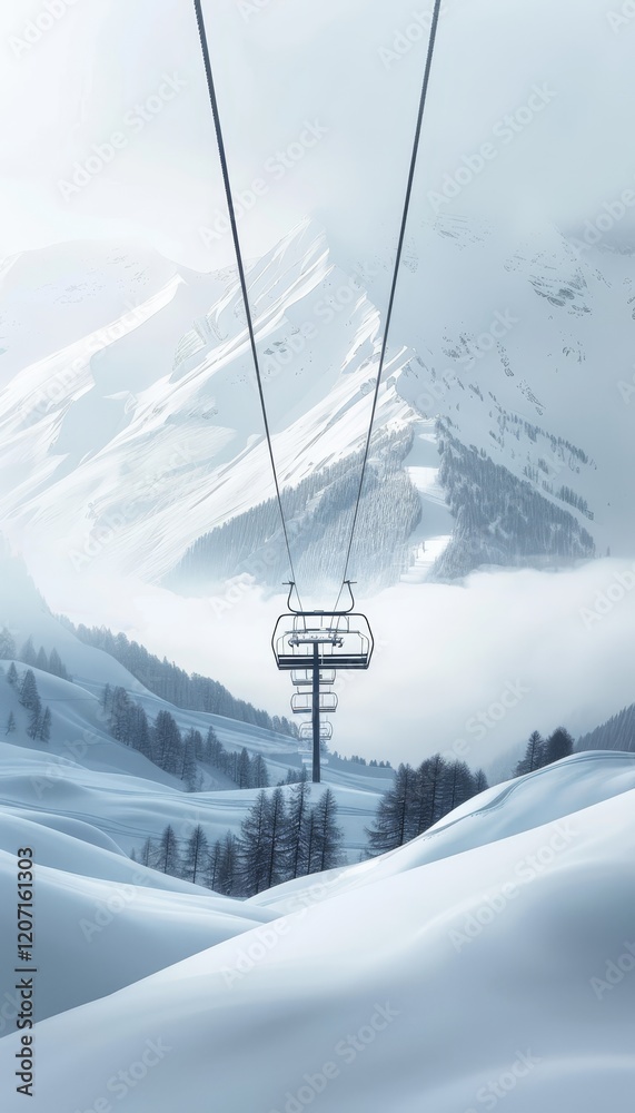 A serene minimalist ski chairlift in a stunning winter landscape of snowy hills and icy peaks A serene minimalist ski chairlift in a stunning winter landscape of snowy hills and icy peaks