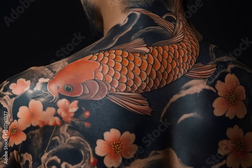 Large orange koi fish and pink cherry blossoms decorate a man's back in a traditional Japanese style tattoo photo