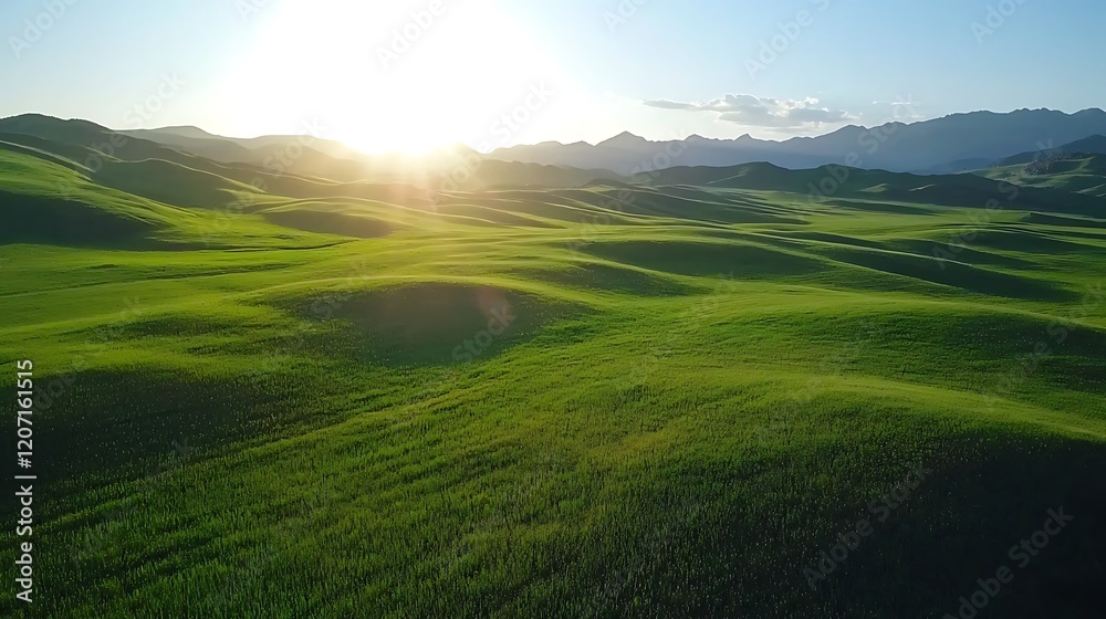 Fototapeta premium Aerial shot of grassland landscape sunlight casting shadows Realistic photograph