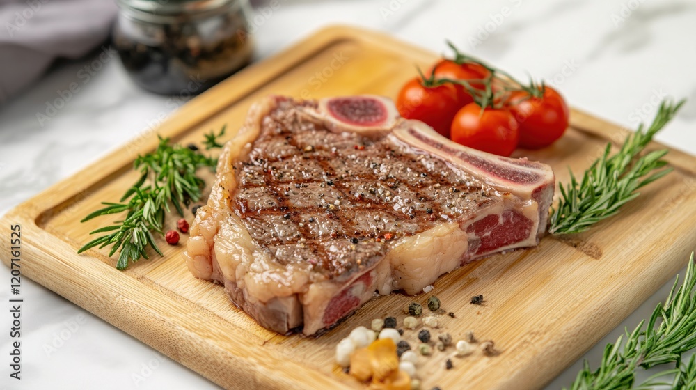 Delicious Grilled Steak on Wooden Board with Herbs and Tomatoes Delicious Grilled Steak on Wooden Board with Herbs and Tomatoes