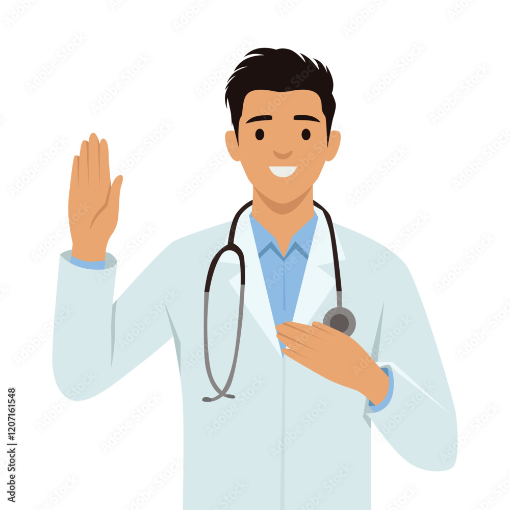Young doctor wearing white coat and stethoscope raising one hand in a gesture of greeting. Flat vector illustration isolated on white background Young doctor wearing white coat and stethoscope raising one hand in a gesture of greeting. Flat vector illustration isolated on white background