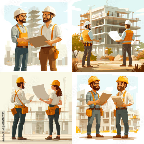 Architects and Engineers Collaborating at a Building Site,  Construction Professionals with Safety Gear at Work