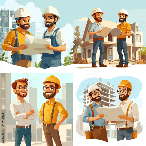 Architects and Engineers Collaborating at a Building Site,  Construction Professionals with Safety Gear at Work