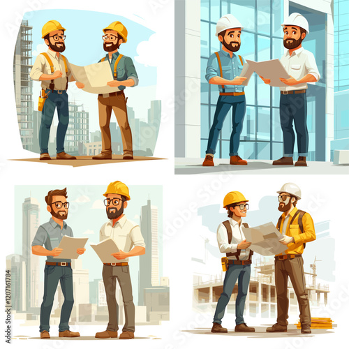 Architects and Engineers Collaborating at a Building Site,  Construction Professionals with Safety Gear at Work