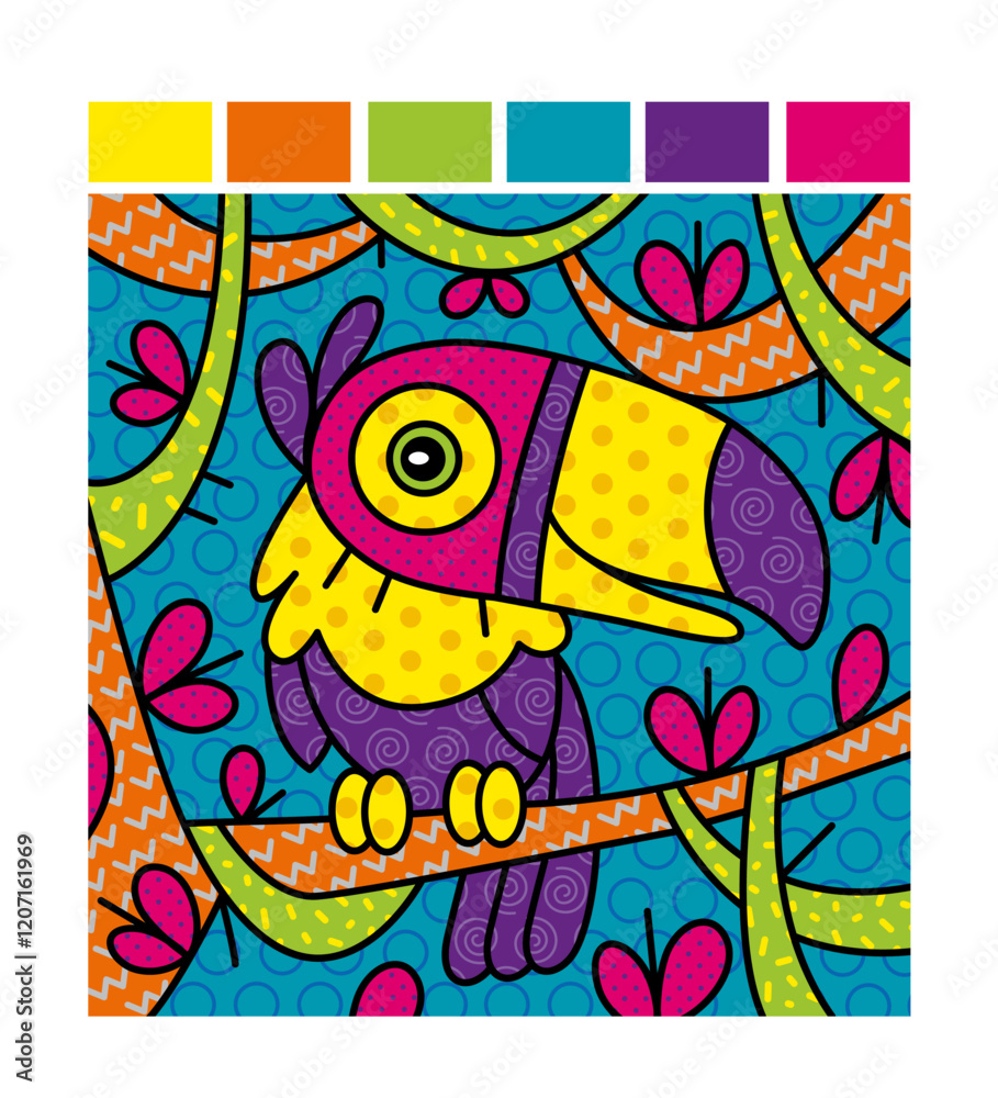 Fototapeta premium Illustration of a toucan on a tree in a bright cartoon style.