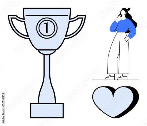 Trophy, thoughtful person with hand on chin, heart shape. Ideal for success, contemplation, recognition, admiration, reflection accomplishment motivation. Clean abstract line flat metaphor