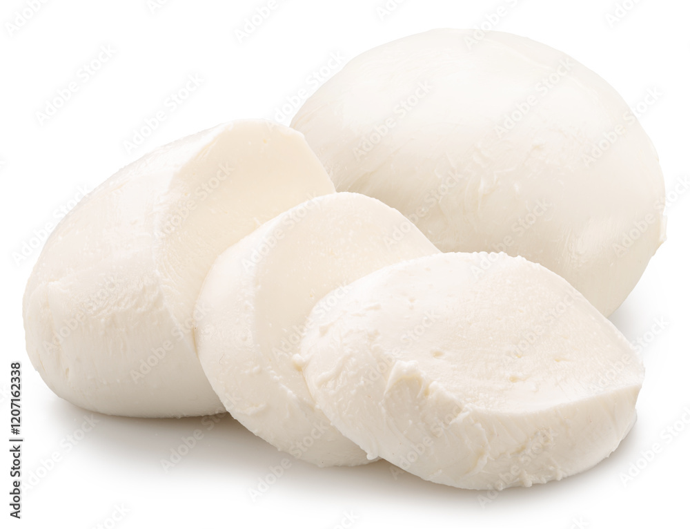 Slices of mozzarella cheese ball on white background. File contains clipping path. Slices of mozzarella cheese ball on white background. File contains clipping path.