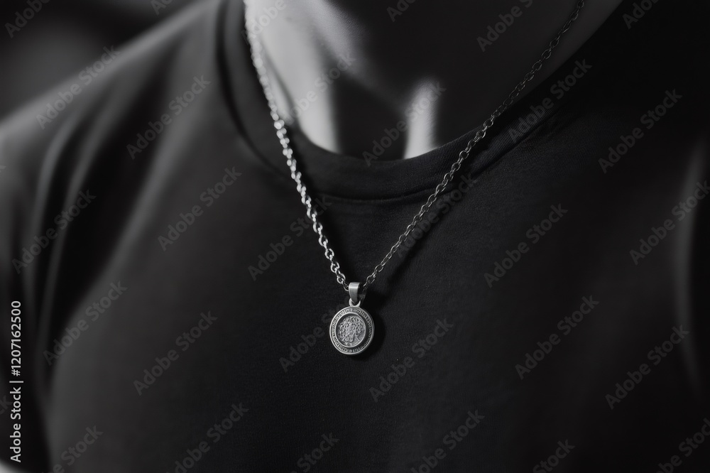 Close up of a silver chain necklace with a round pendant, worn by a man in a dark t shirt